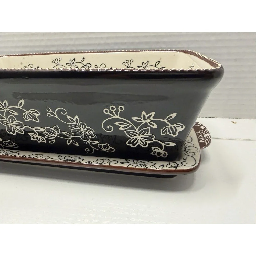 3 Pc TEMP-TATIONS Floral Lace 1 Quart Loaf Bakeware w/Lid & Hotplate
